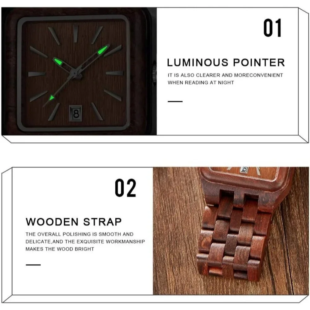 Men's Brown Red Rectangle Quartz Movement Wooden Watches